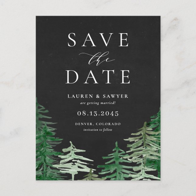 Carte Postale Chalkboard Woodland Forest Enregistrer la date (Devant)