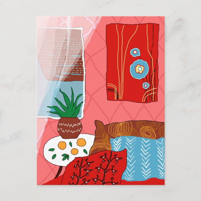 Carte Postale Chambre rouge inspirée de Matisse avec Coussin Alo (Devant)