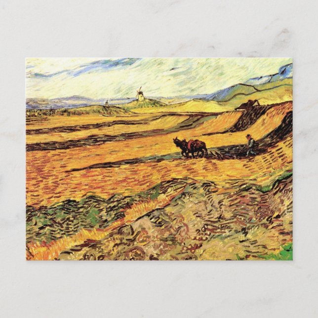 Carte Postale Champ avec laboureur et moulin par Vincent van Gog (Devant)
