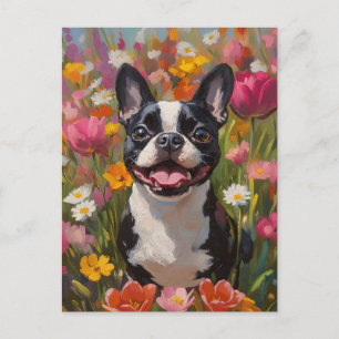 Carte Postale Champ de Fleur sauvage coloré Boston Terrier