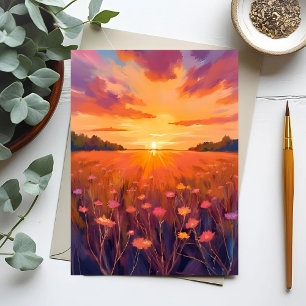 Carte Postale Champ de fleurs aquarelle coucher de soleil heure 
