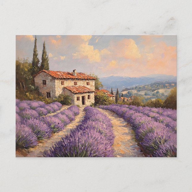 Carte Postale Champ de lavande toscane avec chalet en pierre (Devant)