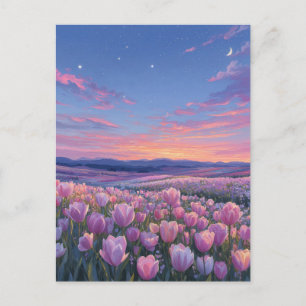 Carte Postale Champ de tulipes roses sous le croissant de lune é