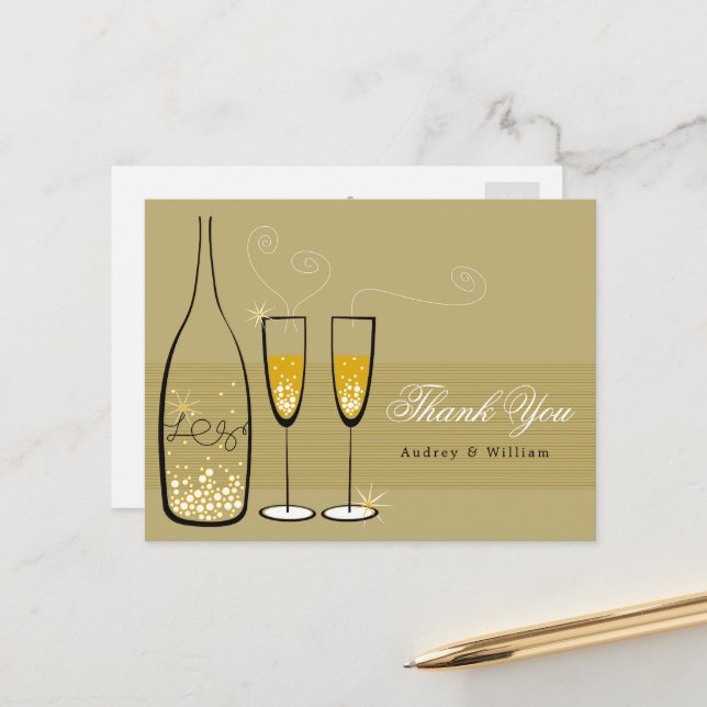 Carte Postale Champagne d'or Bubbly Merci de mariage élégant (Devant/Arrière en situation)