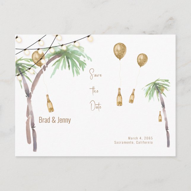 Carte Postale Champagne Mariage tropical Enregistrer la date Car (Devant)