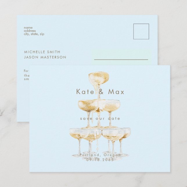 Carte Postale Champagne Modern Ice Blue Wedding Enregistrer la d (Devant / Derrière)