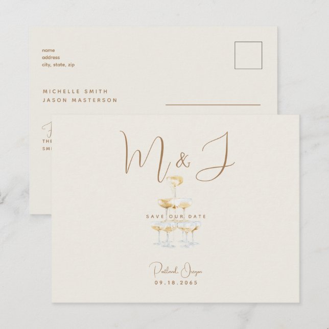 Carte Postale Champagne Moderne Beige Mariage Sauvez la date (Devant / Derrière)