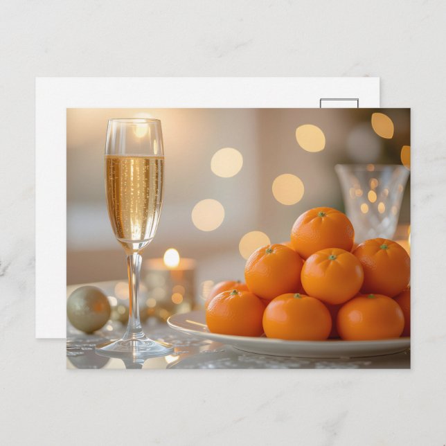 Carte Postale Champagne, Tangerines Festive Party Table (Devant / Derrière)