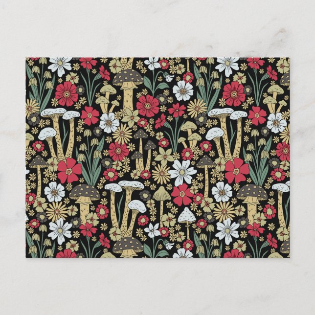 Carte Postale Champignons et fleurs rouges et verts (Devant)
