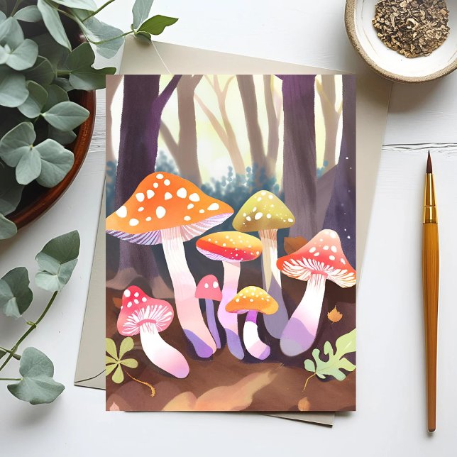 Carte Postale Champignons Mignons | Forêt Aquarelle (Créateur téléchargé)