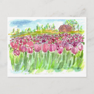 Carte Postale Champs de tulipe rose Aquarelle Moteur Faire-part