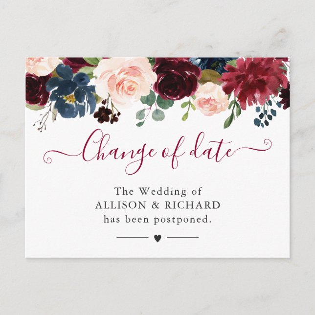 Carte Postale Changement de date Burgundy Blush Marine Floral No (Devant)