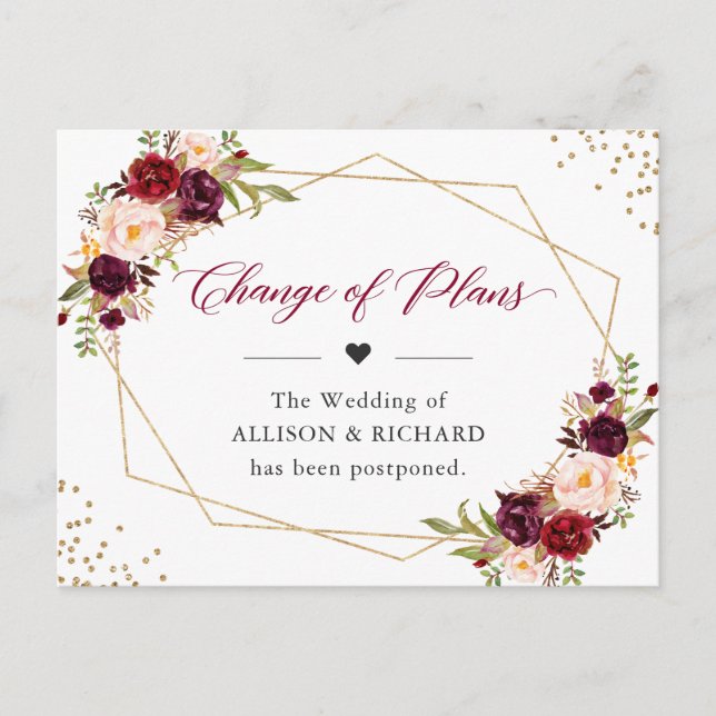 Carte Postale Changement de plan Date Bourgogne Rouge Floral Géo (Devant)