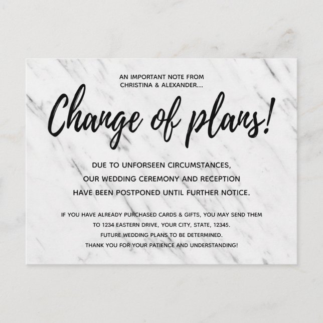 Carte Postale Changement de plan Mariage moderne reporté annulé (Devant)