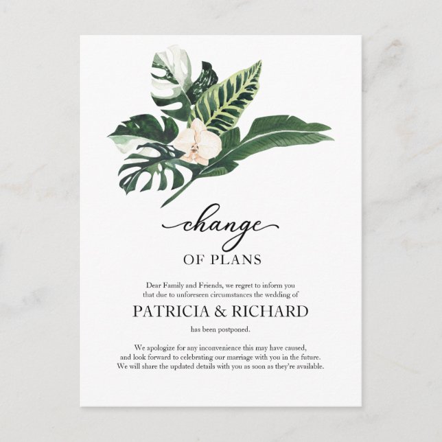 Carte Postale Changement De Plans Report Mariage Tropical (Devant)