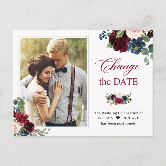 Carte Postale Changer la date Burgundy Blush Navy Floral Photo (Devant)