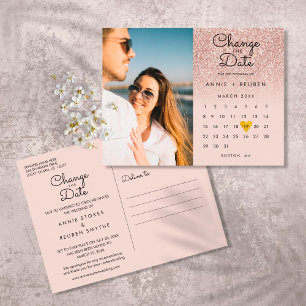 Carte Postale Changer la date Calendrier Rose Gold Paillettes Ph