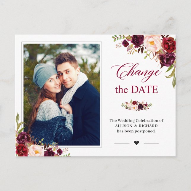 Carte Postale Changer la date Rustique Bourgogne Blush Floral Ph (Devant)