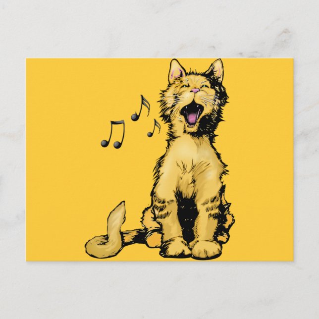 Carte Postale Chant mignon chat orange dessin avec notes musical (Devant)