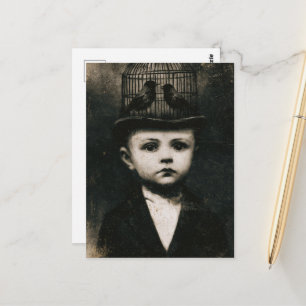 Carte Postale Chapeau de cage à oiseau noir et blanc surréaliste