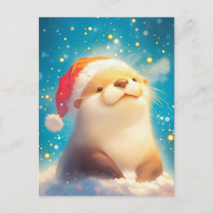 Carte Postale Chapeau de Noël festif en aquarelle de loutre