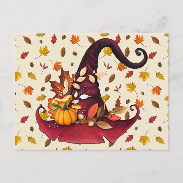 Carte Postale Chapeau de sorcière à l'aquarelle et feuilles d'au (Devant)