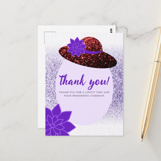 Carte Postale Chapeau pailleté rouge lavande violette Merci (Devant/Arrière en situation)