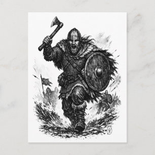 Carte Postale Charge du guerrier Viking - Bataille à l'encre