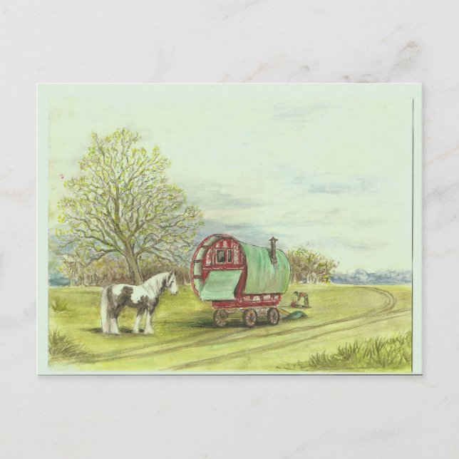 Carte Postale Chariot tzigane et cheval jour de printemps (Devant)