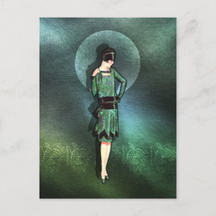Carte Postale CHARLA, Dame Art Déco à Sage Vert et Turquoise