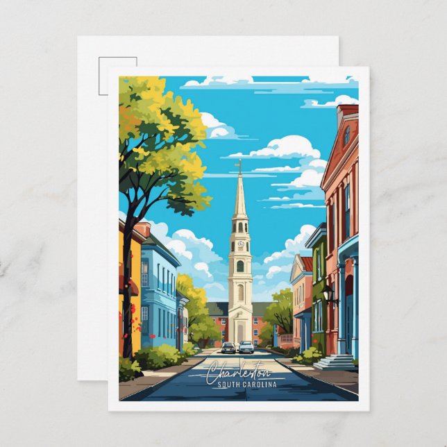 Carte Postale Charleston Caroline du Sud Illustration de voyage (Devant / Derrière)