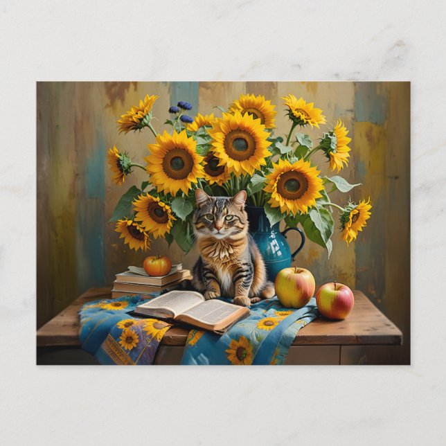 Carte Postale Charmant Chat avec Bouquet de tournesol (Devant)
