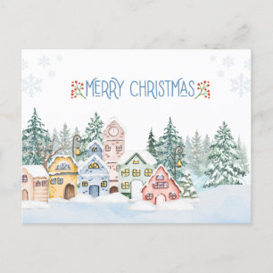 Carte Postale Charmant village de neige aquarelle Noël