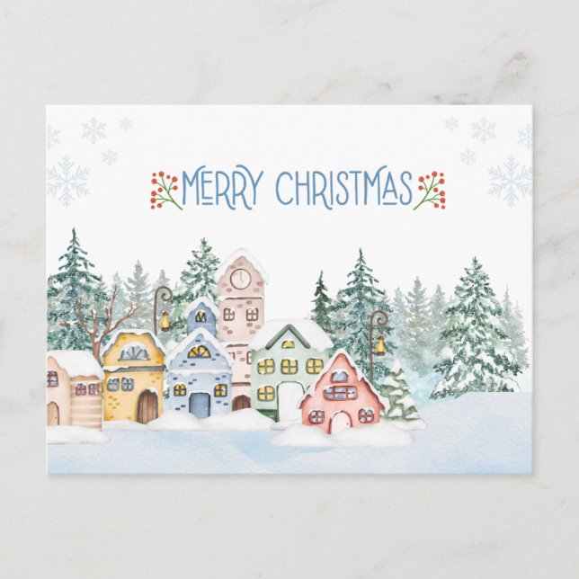 Carte Postale Charmant village de neige aquarelle Noël (Devant)