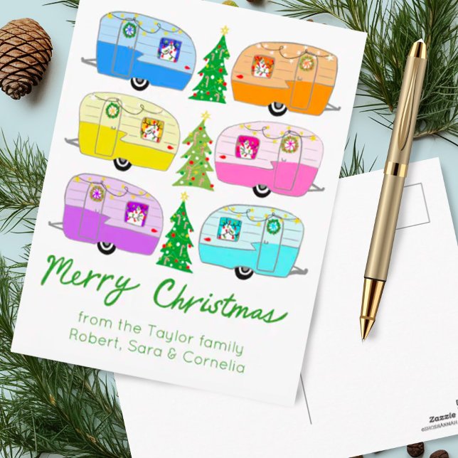 Carte Postale Charming Christmas Camper Vintage Trailer RV Xmas (Charming Christmas campers custom holiday postcard. Add your own text!)