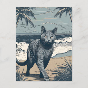 Carte Postale Chartreux-Cat sur une plage tropicale au coucher d