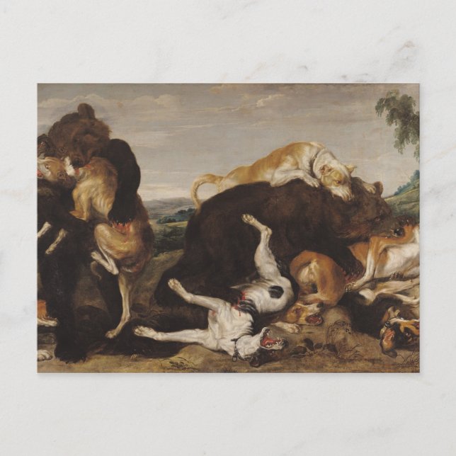 Carte Postale Chasse à l'ours ou bataille entre chiens et ours (Devant)