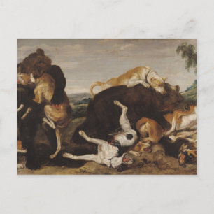 Carte Postale Chasse à l'ours ou bataille entre chiens et ours