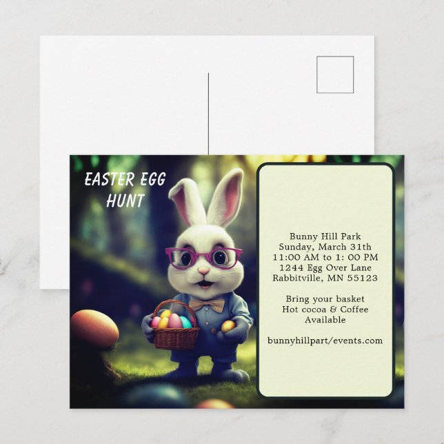 Carte Postale Chasse aux oeufs de Pâques Cute lapin et panier ha (Devant / Derrière)