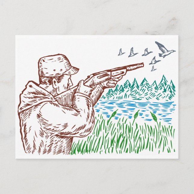 Carte Postale chasse aux oiseaux canards visant fusil de chasse (Devant)