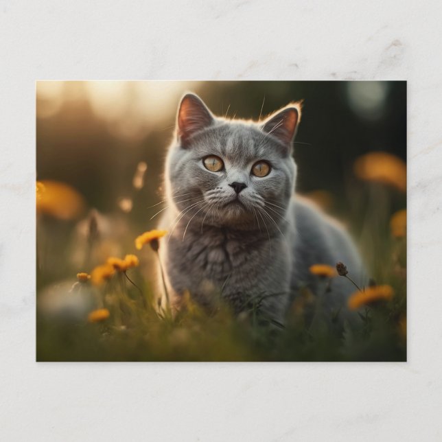 Carte Postale Chat à air court britannique dans Flower Meadow (Devant)