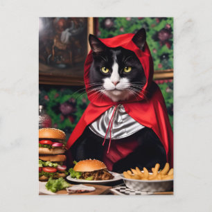 Carte Postale Chat à capuchon rouge Mange Cheesburger et Fries