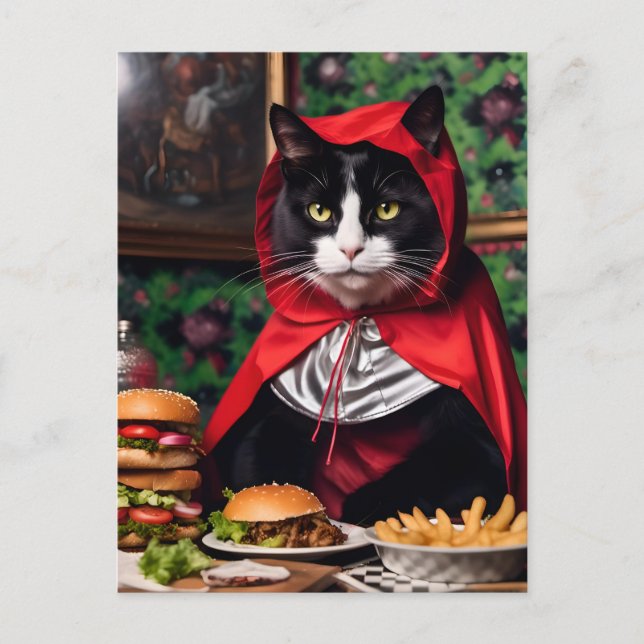 Carte Postale Chat à capuchon rouge Mange Cheesburger et Fries (Devant)