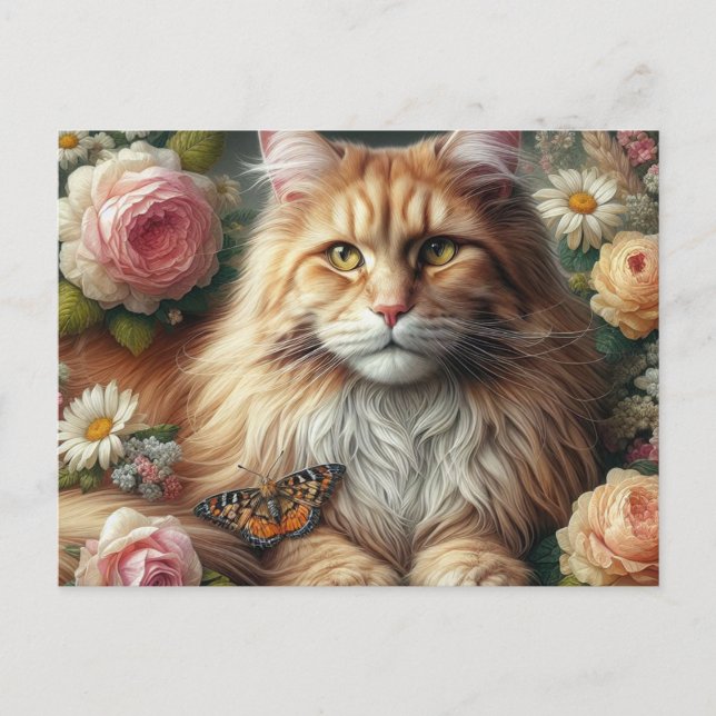 Carte Postale Chat à coon du Maine victorien avec roses roses (Devant)