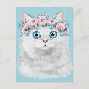 Carte Postale Chat à fleurs blanc doux