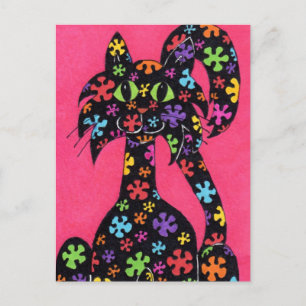 Carte Postale Chat à fleurs noires