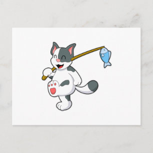 Carte Postale Chat à la pêche avec bâton de pêche