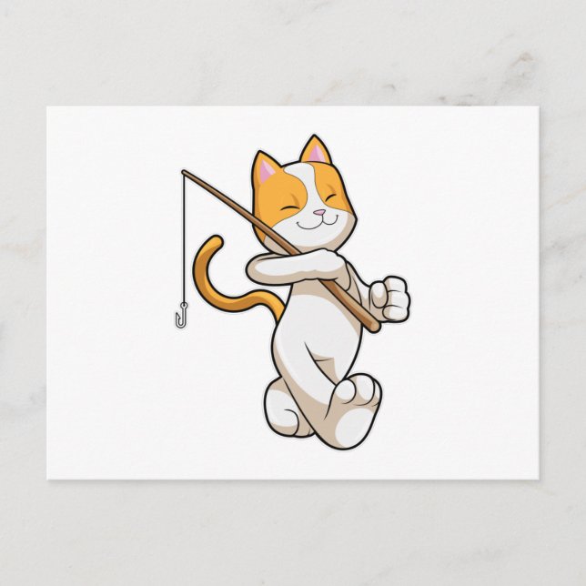 Carte Postale Chat à la pêche avec bâton de pêche (Devant)