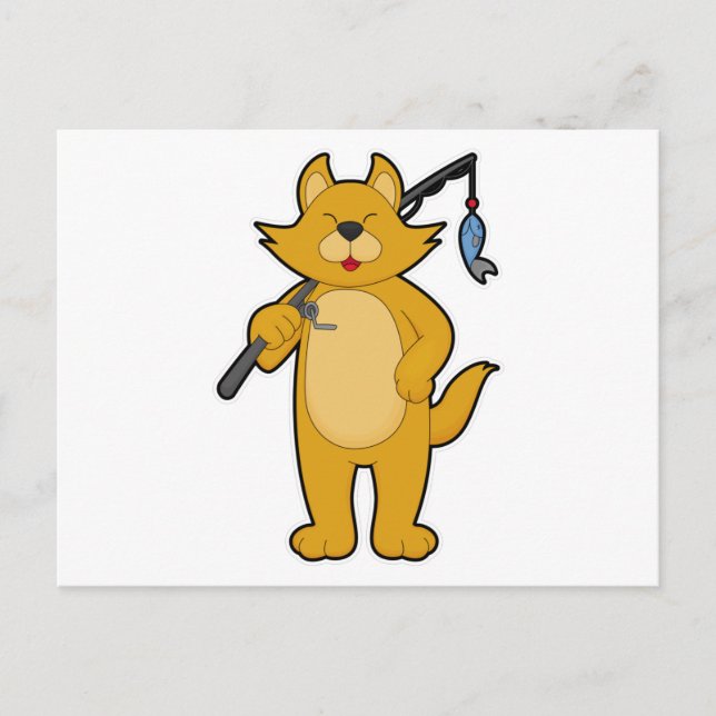 Carte Postale Chat à la pêche avec une canne à pêche & Poisson (Devant)