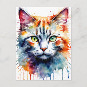 Carte Postale Chat à l'aquarelle multicolore splash art